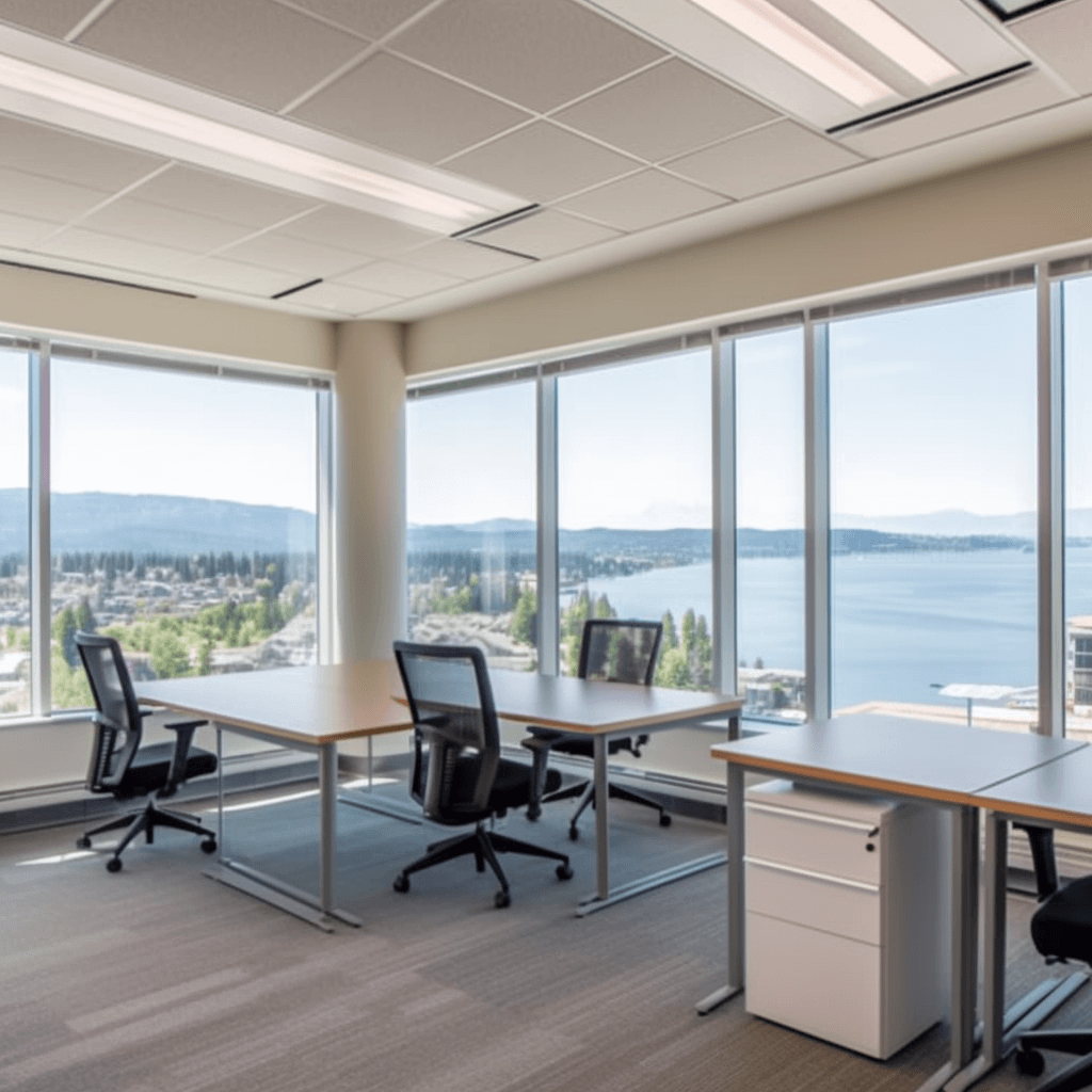 clean office and desks in commercial space in kelowna bc overlooking the lake