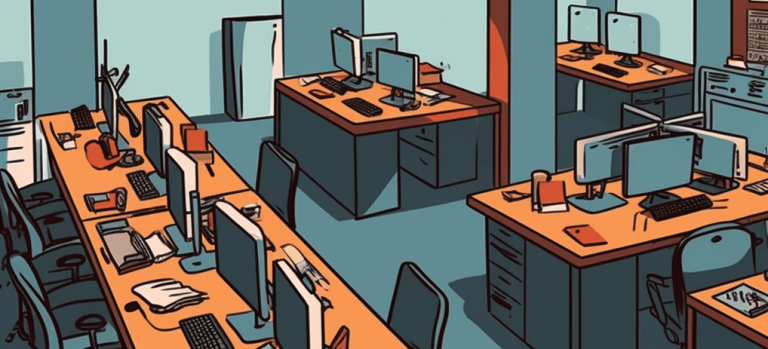 cartoon illustration of a clean empty office in the okanagan