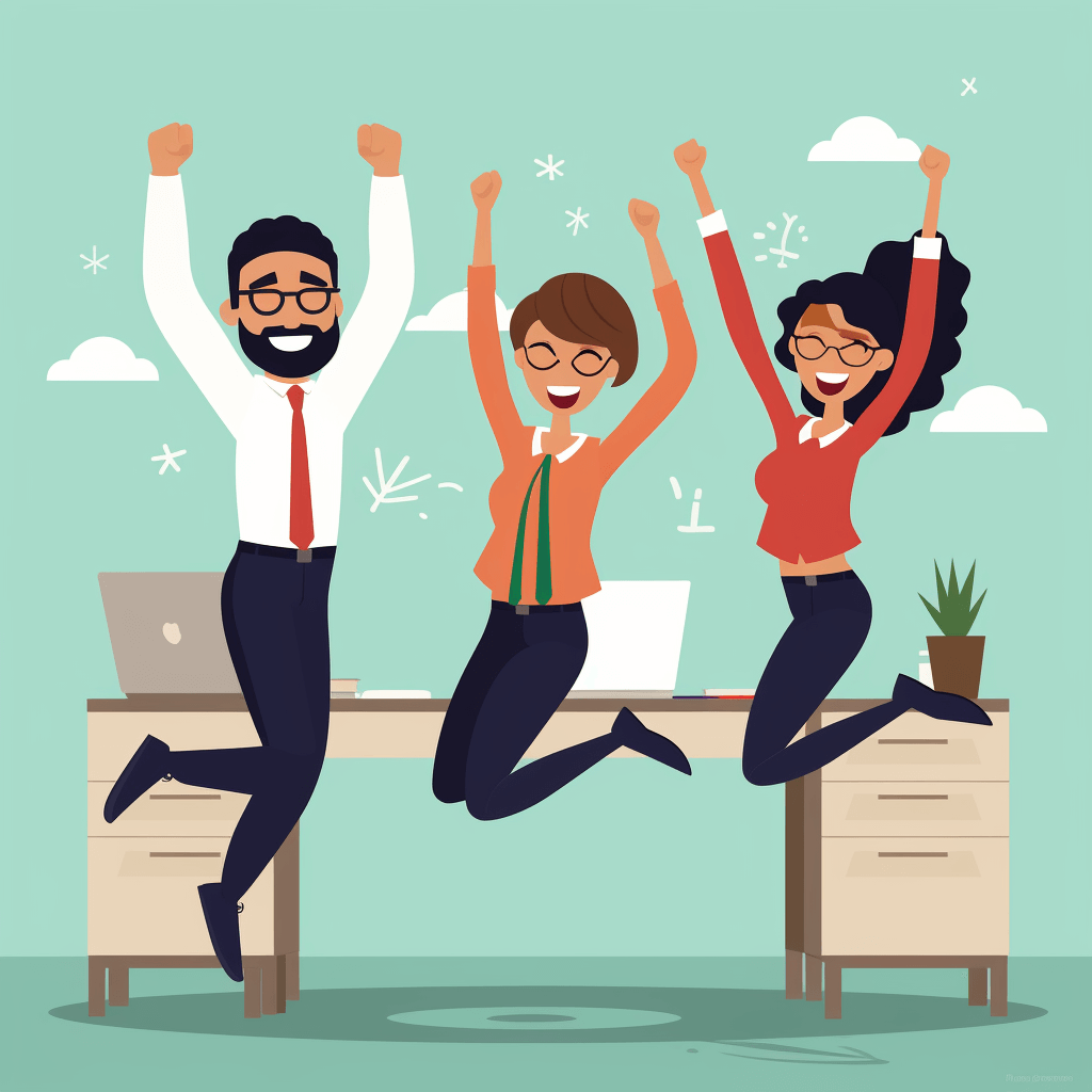 cartoon illustration of happy employees at a clean office in kelowna jumping for joy